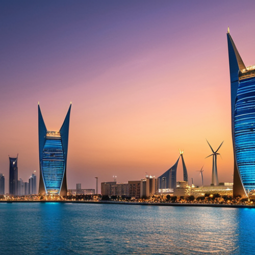Home 4 **Bahrain World Trade Center:** "A panoramic view of the Bahrain World Trade Center at sunset. The two towers are connected by wind turbines, illuminated against the twilight sky. Below, a bustling cityscape of Manama spreads out with the Persian Gulf shimmering in the background. Style: realistic, vibrant colors."