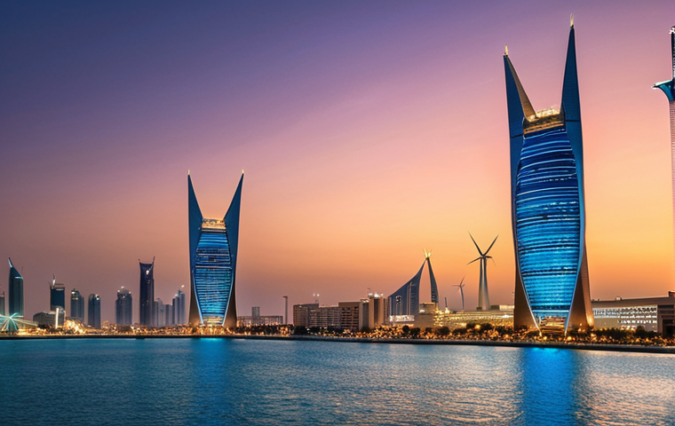 **Bahrain World Trade Center:** "A panoramic view of the Bahrain World Trade Center at sunset. The two towers are connected by wind turbines, illuminated against the twilight sky. Below, a bustling cityscape of Manama spreads out with the Persian Gulf shimmering in the background. Style: realistic, vibrant colors."