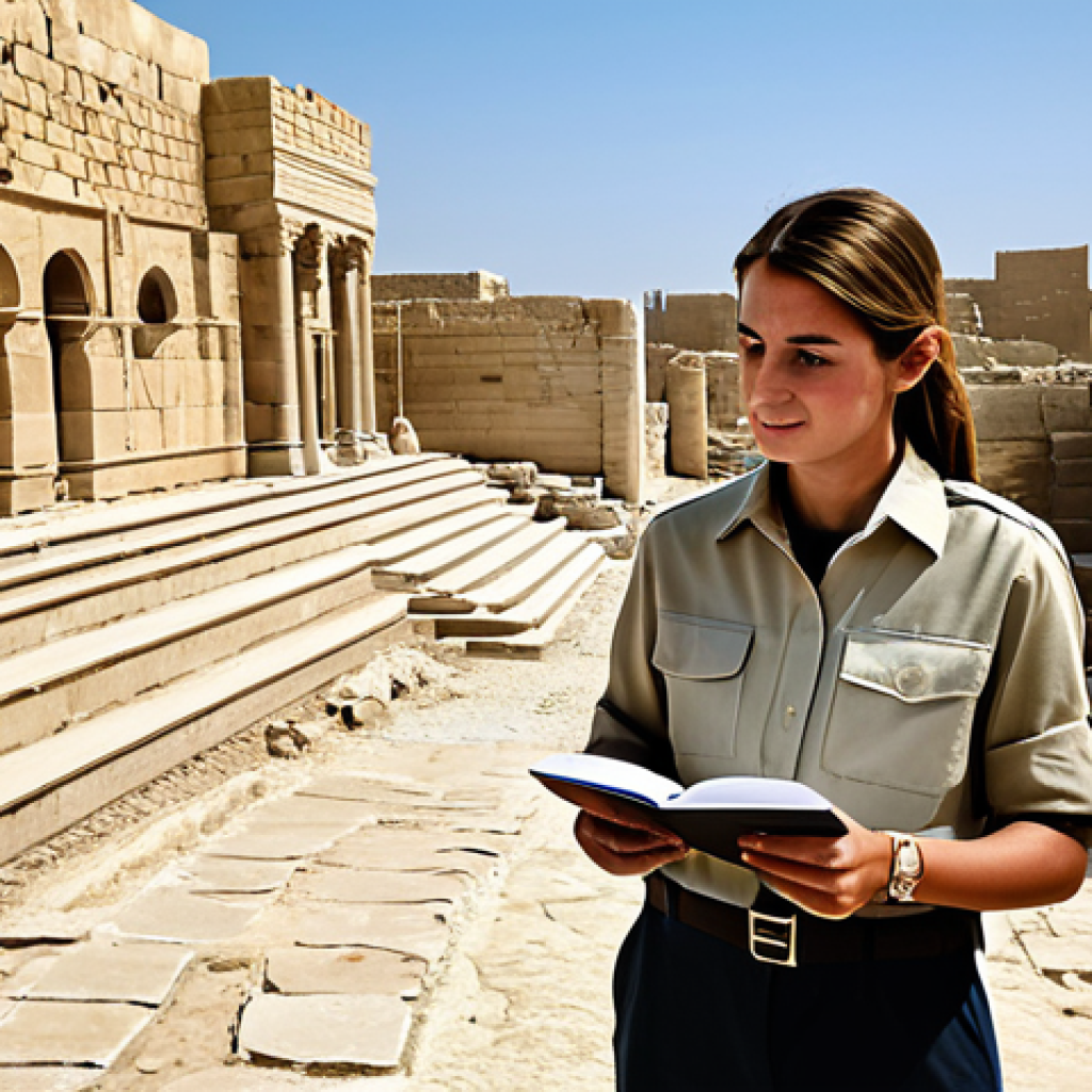 A professional female archaeologist, fully clothed in a modest, light khaki safari shirt and trousers. She stands respectfully amidst the ancient stone ruins of Qal'at al-Bahrain, holding a notebook, gazing thoughtfully at the excavated archaeological layers. The scene is bathed in clear daylight under a blue sky. In the distant background, a subtle, modern city skyline represents the contrast of past and present. This is a realistic, professional photograph with natural lighting, perfect anatomy, correct proportions, natural pose, well-formed hands, proper finger count, and natural body proportions. safe for work, appropriate content, fully clothed, professional, family-friendly.