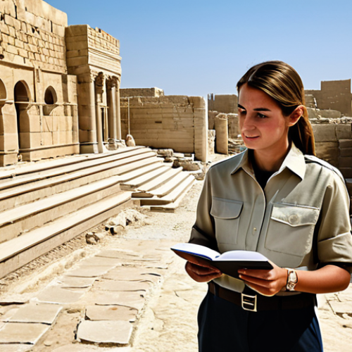 Home 6 A professional female archaeologist, fully clothed in a modest, light khaki safari shirt and trousers. She stands respectfully amidst the ancient stone ruins of Qal'at al-Bahrain, holding a notebook, gazing thoughtfully at the excavated archaeological layers. The scene is bathed in clear daylight under a blue sky. In the distant background, a subtle, modern city skyline represents the contrast of past and present. This is a realistic, professional photograph with natural lighting, perfect anatomy, correct proportions, natural pose, well-formed hands, proper finger count, and natural body proportions. safe for work, appropriate content, fully clothed, professional, family-friendly.