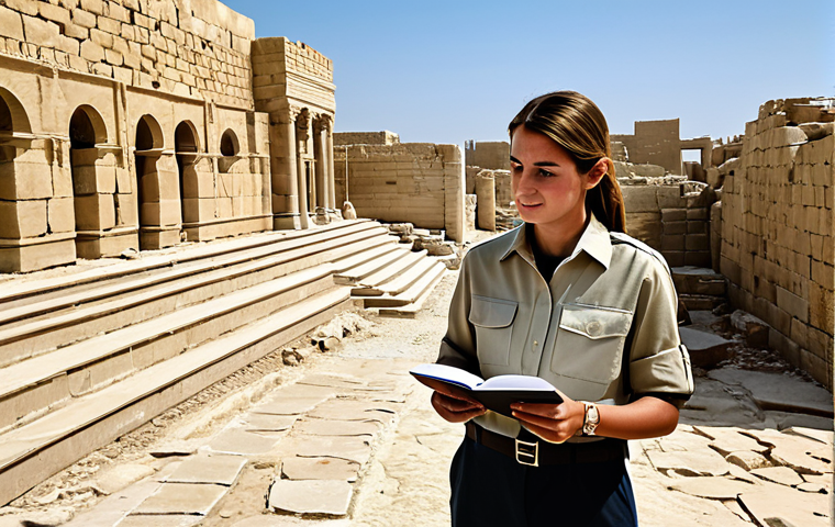 A professional female archaeologist, fully clothed in a modest, light khaki safari shirt and trousers. She stands respectfully amidst the ancient stone ruins of Qal'at al-Bahrain, holding a notebook, gazing thoughtfully at the excavated archaeological layers. The scene is bathed in clear daylight under a blue sky. In the distant background, a subtle, modern city skyline represents the contrast of past and present. This is a realistic, professional photograph with natural lighting, perfect anatomy, correct proportions, natural pose, well-formed hands, proper finger count, and natural body proportions. safe for work, appropriate content, fully clothed, professional, family-friendly.