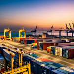 바레인의 항구 - "A modern container terminal in Bahrain at sunset, with cargo ships in the background, fully clothed...