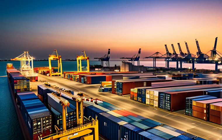 바레인의 항구 - "A modern container terminal in Bahrain at sunset, with cargo ships in the background, fully clothed...