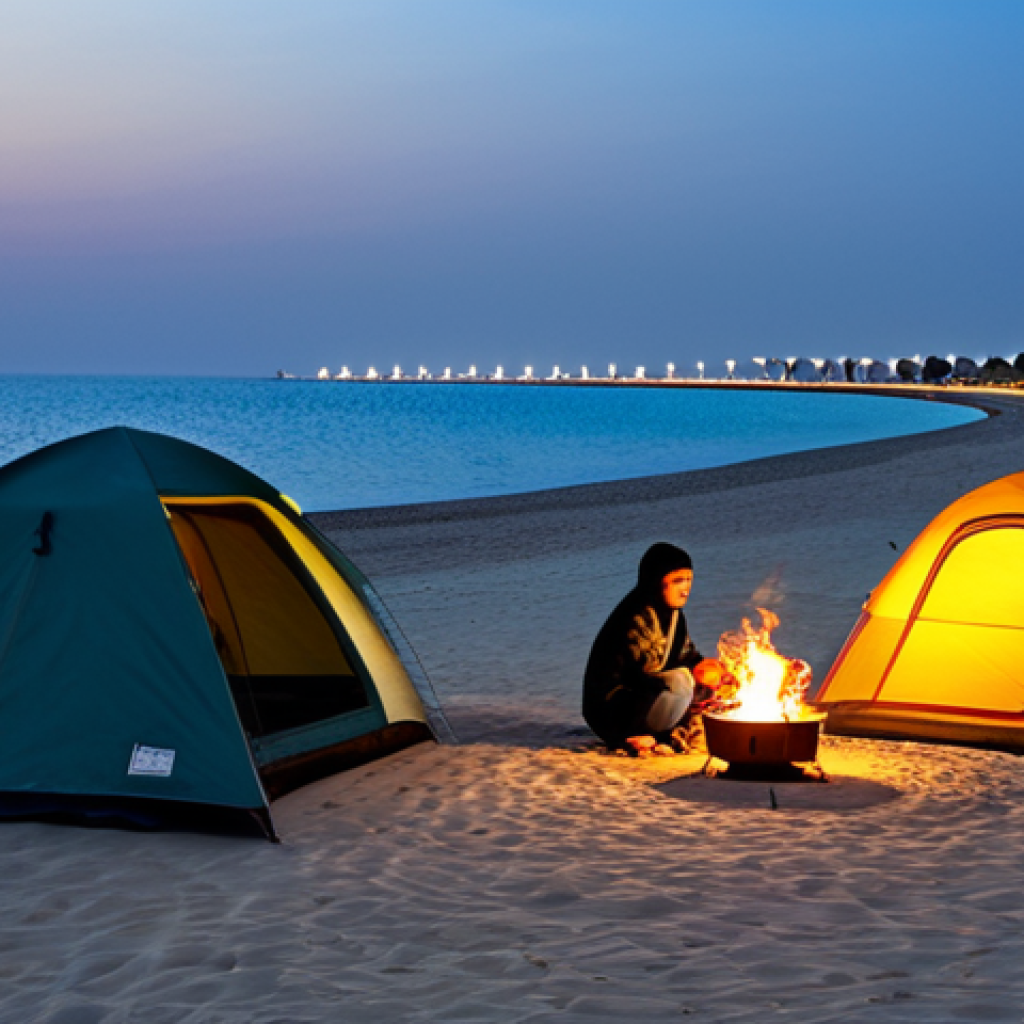 바레인의 해변 캠핑 - Al Jazayer Beach Campsite**

"Scenic view of Al Jazayer Beach in Bahrain at sunset, featuring a fami...
