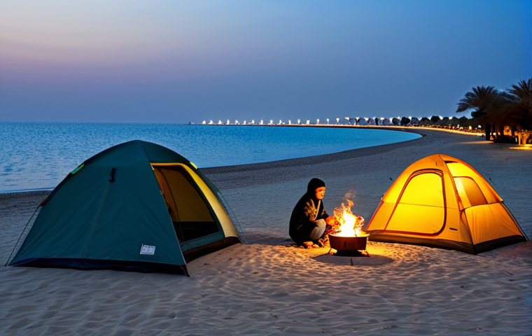 바레인의 해변 캠핑 - Al Jazayer Beach Campsite**
"Scenic view of Al Jazayer Beach in Bahrain at sunset, featuring a fami...