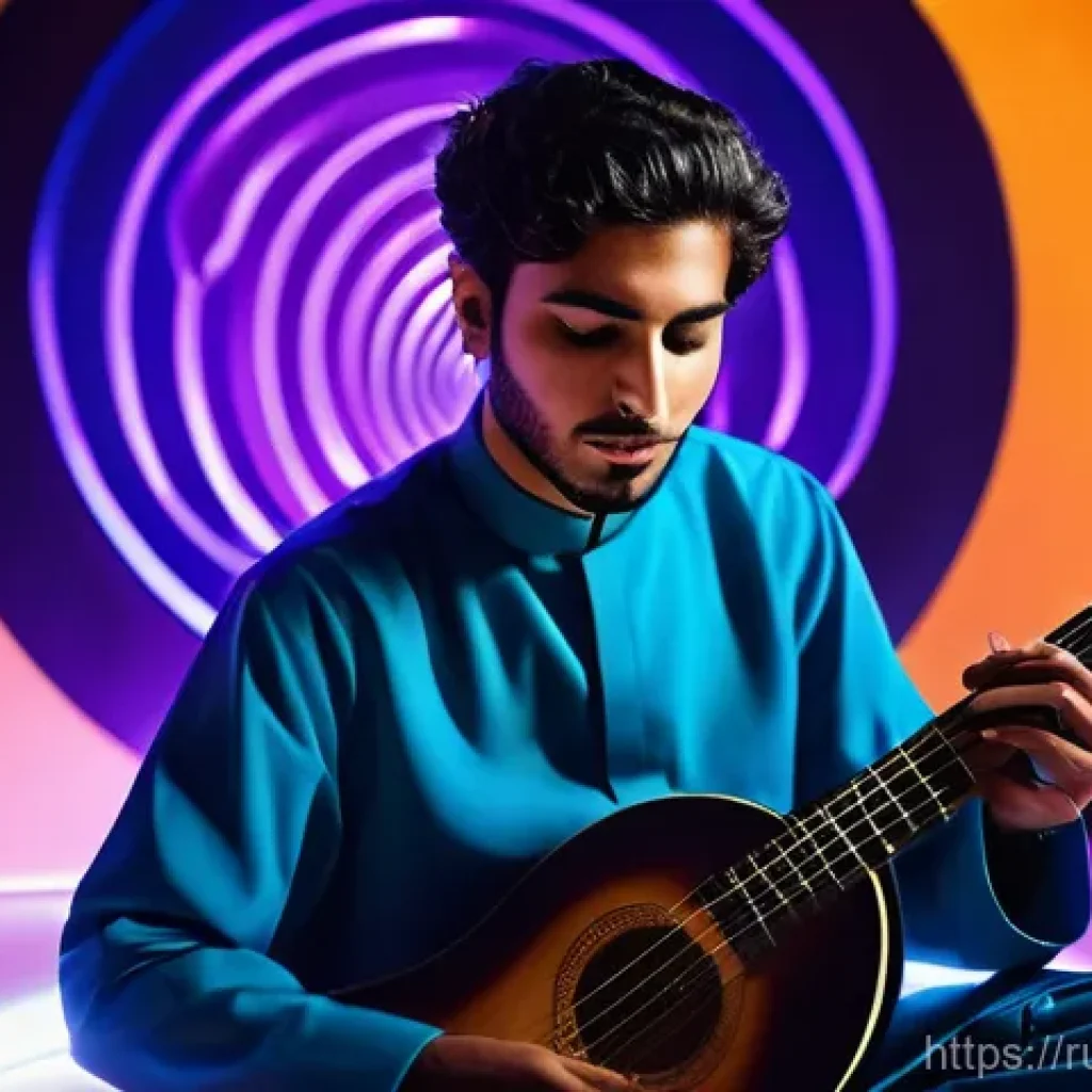 바레인의 음악 축제 - **"Ancient Melodies, Modern Pulse"**
A dynamic, high-angle shot of a young Bahraini male musicia...