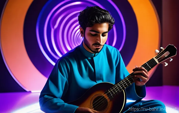 바레인의 음악 축제 - **"Ancient Melodies, Modern Pulse"**
A dynamic, high-angle shot of a young Bahraini male musicia...