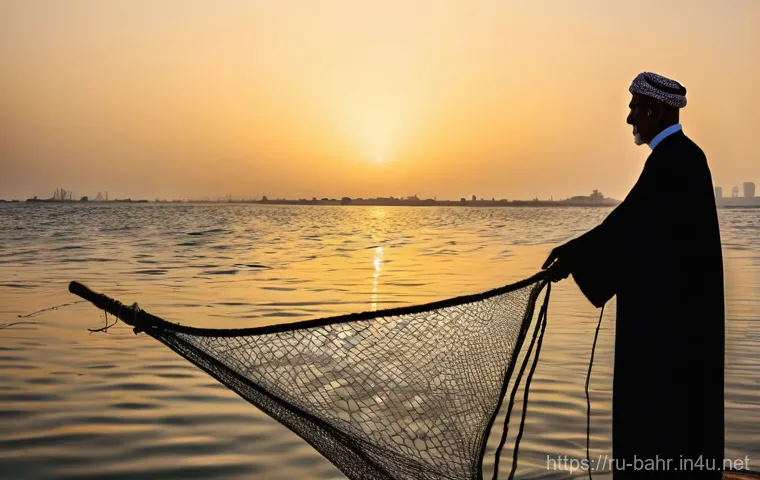 바레인 바다와 어업 - **Prompt:** "A serene, wide-angle shot of an elderly Bahraini fisherman, his face etched with wisdom...