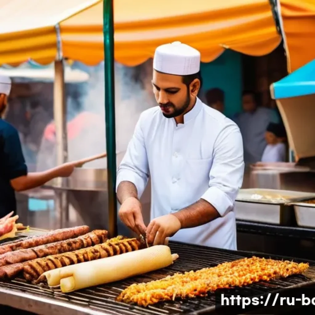 바레인의 인기 있는 길거리 음식 - **Prompt:** A vibrant street food scene in Manama, Bahrain at sunset. Focus on a vendor skillfully p...