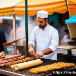 Home 22 바레인의 인기 있는 길거리 음식 - **Prompt:** A vibrant street food scene in Manama, Bahrain at sunset. Focus on a vendor skillfully p...