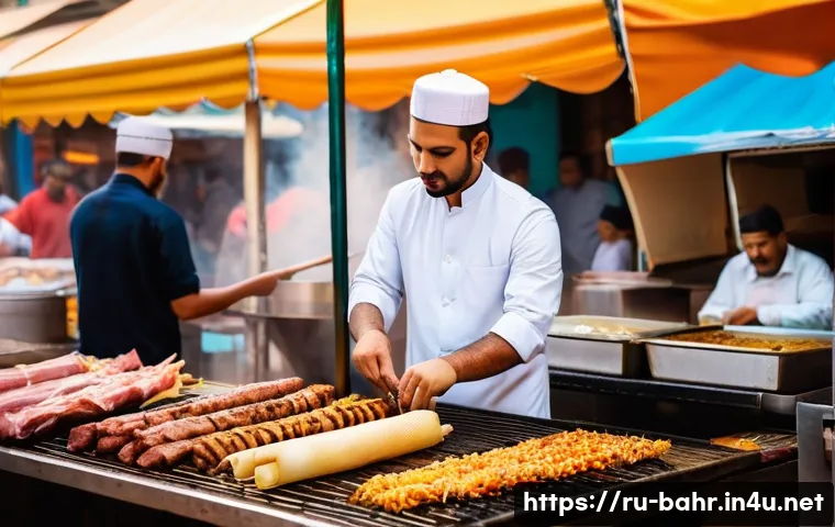 바레인의 인기 있는 길거리 음식 - **Prompt:** A vibrant street food scene in Manama, Bahrain at sunset. Focus on a vendor skillfully p...