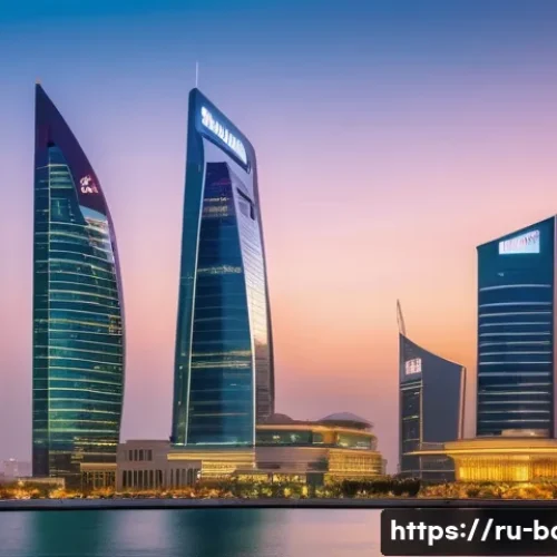 Home 32 바레인의 경제 성장 이야기 - A modern Bahrain financial district skyline at sunset, featuring sleek glass skyscrapers with digita...