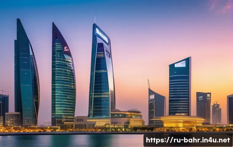 바레인의 경제 성장 이야기 - A modern Bahrain financial district skyline at sunset, featuring sleek glass skyscrapers with digita...