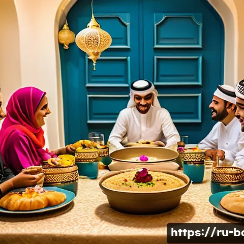 바레인의 축제 및 이벤트 - A vibrant scene of Eid al-Fitr celebrations in Bahrain, showcasing families dressed in traditional a...