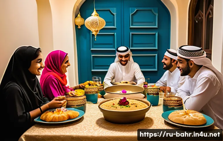 바레인의 축제 및 이벤트 - A vibrant scene of Eid al-Fitr celebrations in Bahrain, showcasing families dressed in traditional a...