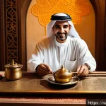 Home 23 바레인 독특한 커피 문화 - A traditional Bahraini coffee ceremony scene inside a warmly lit, ornately decorated room with Arabi...