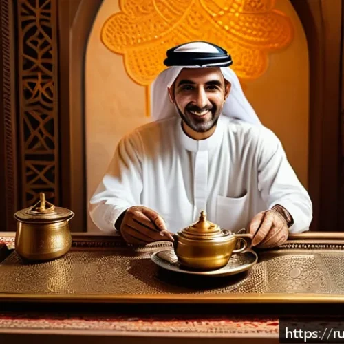 Home 17 바레인 독특한 커피 문화 - A traditional Bahraini coffee ceremony scene inside a warmly lit, ornately decorated room with Arabi...