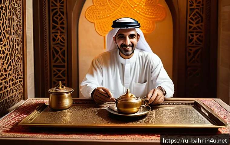 바레인 독특한 커피 문화 - A traditional Bahraini coffee ceremony scene inside a warmly lit, ornately decorated room with Arabi...