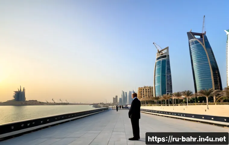 Home 17 바레인의 경제 전망 - Photorealistic wide-angle view of Bahrain’s Manama financial district at sunrise, modern glass tower...