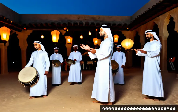 Home 30 바레인 전통 춤과 음악 - Photorealistic Bahrain traditional folk dance performance at dusk in a sandy courtyard, adult Gulf A...